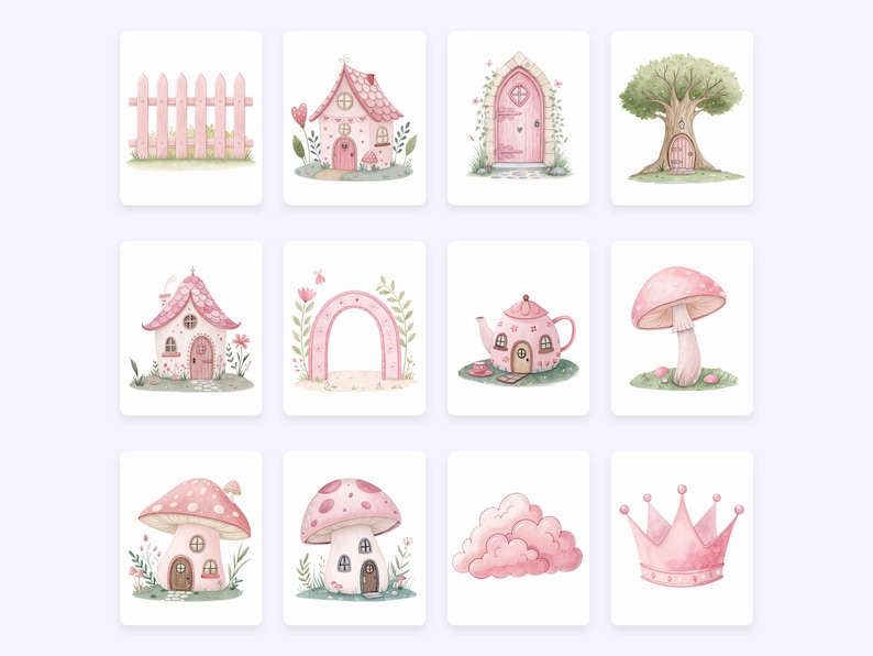 K&ouml;nnte beinhalten: Ein Set mit 10 digitalen Illustrationen mit fantasievollen rosa Feenh&auml;usern, Pilzen, einer Teekanne, einem Zaun, einem Baum, einer Wolke, einer Krone und einem Torbogen. Diese Illustrationen sind perfekt, um Ihren Bastelarbeiten, Ihrem Scrapbooking oder Ihren digitalen Designs einen Hauch von Magie zu verleihen.