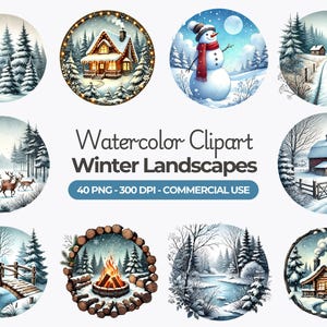 Watercolor Winter Landscapes Clipart, Winter Nature PNG, Christmas Scenes, Winter Wonderland, Snowy Landscape, Commercial Use