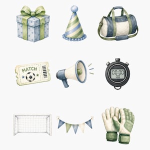 May include: A collection of watercolor illustrations featuring a blue gift box with a green bow, a striped party hat, a duffel bag, a soccer match ticket, a megaphone, a digital stopwatch, a soccer goal, blue and green bunting, and goalie gloves.