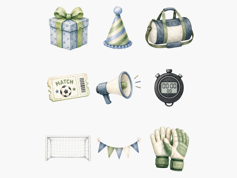 May include: A collection of watercolor illustrations featuring a blue gift box with a green bow, a striped party hat, a duffel bag, a soccer match ticket, a megaphone, a digital stopwatch, a soccer goal, blue and green bunting, and goalie gloves.