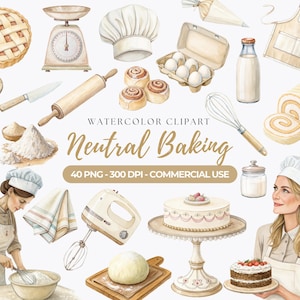 Neutrale bakken clipart, bakbenodigdheden png, vintage bakken, keuken clipart, bakker meisje, koken, mixer, desserts, commercieel gebruik