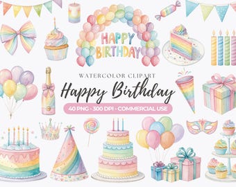 Pastel Birthday Clipart, Happy Birthday PNG, Birthday Party, Balloons Clipart, Birthday Cake, Party Decor, Birthday Graphics, Commercial Use