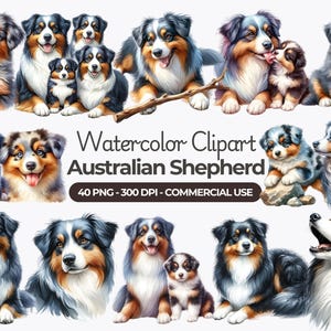 Clipart aquarelle de berger australien, Aussie Dog PNG, PNG imprimable, travaux manuels pour amoureux des chiens, cadeaux australiens, fabrication de cartes, usage Commercial