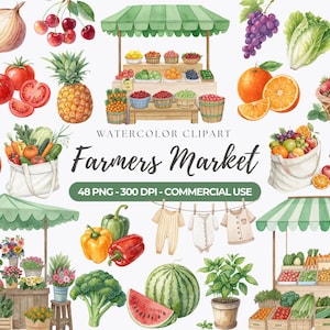 Clipart boerenmarkt, plantaardige PNG, fruit PNG, bloemenwinkel clipart, lokaal geteeld decor, oogstillustraties, commercieel gebruik