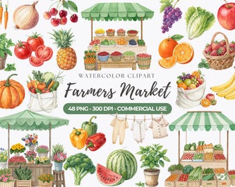 Watercolor Farmers Market Clipart, Fruit, Veggies, Flowers (PNG)