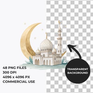 Pode incluir: Uma ilustra&ccedil;&atilde;o em aquarela de uma mesquita branca com uma lua crescente e estrelas. A mesquita tem um minarete alto e uma c&uacute;pula. A ilustra&ccedil;&atilde;o est&aacute; sobre um fundo azul claro.