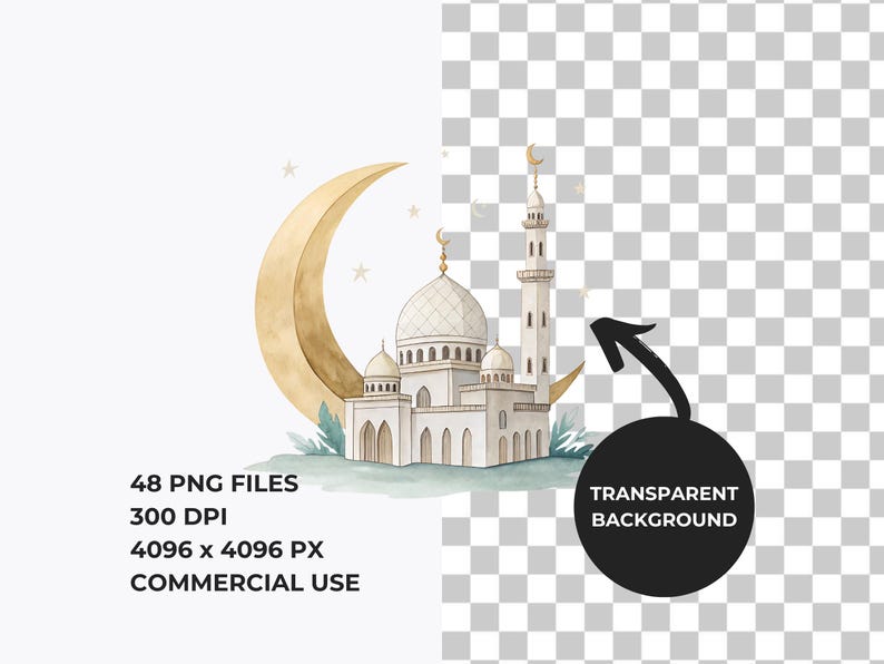 Pode incluir: Uma ilustra&ccedil;&atilde;o em aquarela de uma mesquita branca com uma lua crescente e estrelas. A mesquita tem um minarete alto e uma c&uacute;pula. A ilustra&ccedil;&atilde;o est&aacute; sobre um fundo azul claro.