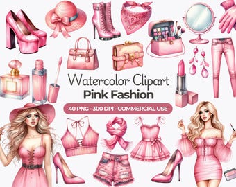 Clipart di moda rosa acquerello, illustrazione femminile (uso commerciale)