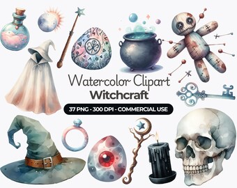 Watercolor Witchcraft Clipart, Mystical Halloween Graphics (PNG, Commercial Use)