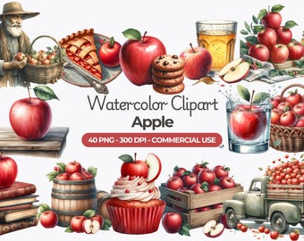Watercolor Apple Clipart, Harvest Illustrations (PNG, Commercial Use)