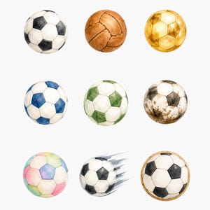 May include: A collection of nine soccer balls featuring various designs including a classic black and white pattern, a vintage brown leather style, a metallic gold finish, blue and white, green and white, a mud-stained ball, pastel colors, and a motion-blurred ball.