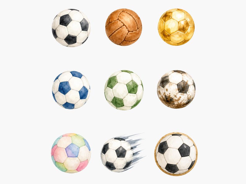 May include: A collection of nine soccer balls featuring various designs including a classic black and white pattern, a vintage brown leather style, a metallic gold finish, blue and white, green and white, a mud-stained ball, pastel colors, and a motion-blurred ball.