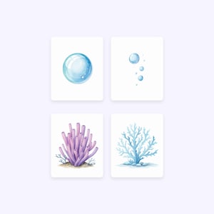 May include: Four watercolor illustrations of ocean life: a single blue bubble, a cluster of blue bubbles, a purple coral, and a blue coral.