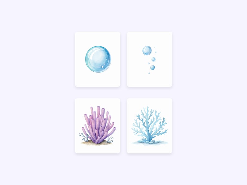 May include: Four watercolor illustrations of ocean life: a single blue bubble, a cluster of blue bubbles, a purple coral, and a blue coral.