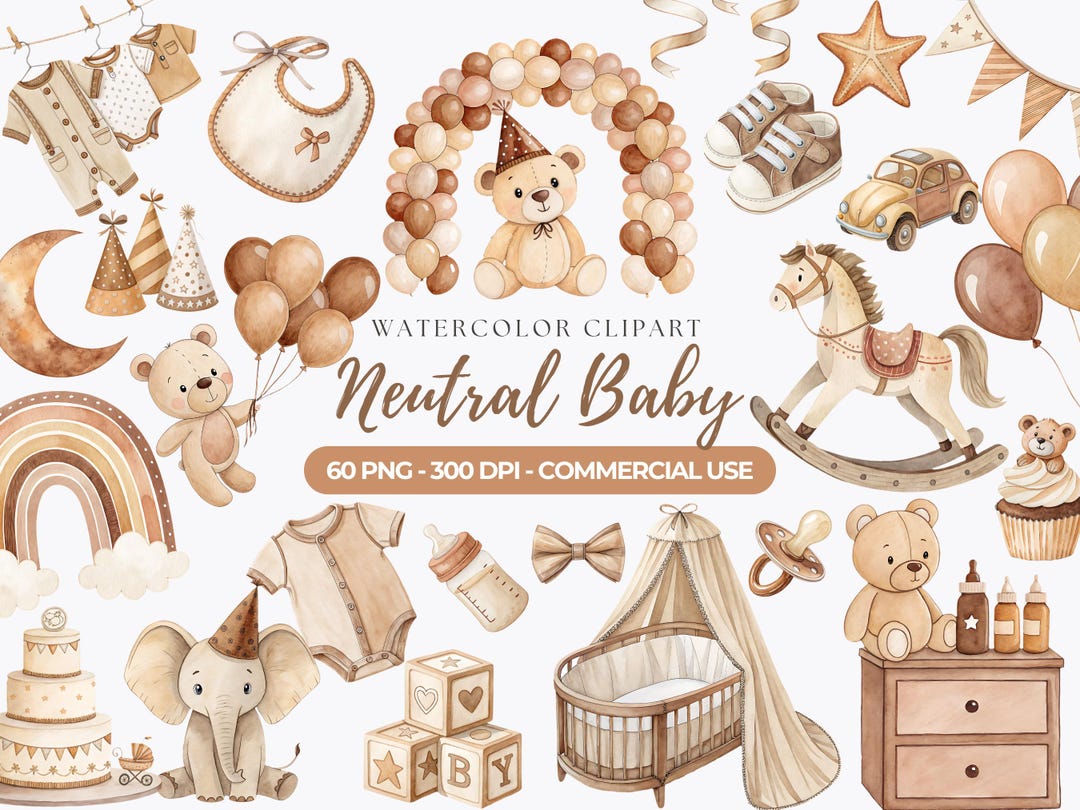 Neutral Baby Shower Clipart, Watercolor Teddy Bear, Beige Nursery Decor ...
