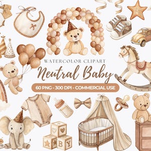 Imágenes prediseñadas de baby shower neutro, imágenes prediseñadas de bebé boho, baby shower de acuarela, decoración de guardería beige, género neutro, osito de peluche, uso comercial