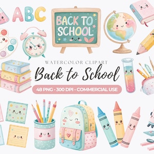 以下が含まれることがあります： 水彩画のクリップアートセット、テーマは「Back to School」。黒板、地球儀、本、鉛筆、クレヨン、バックパック、その他の学用品が含まれています。画像はキュートでカラフル、そして気まぐれなスタイルです。