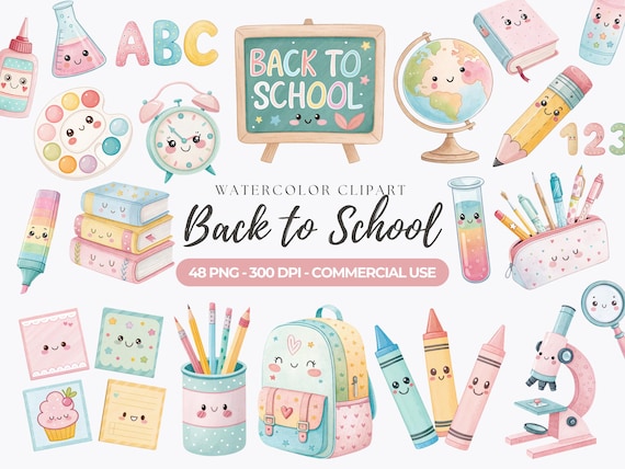 Kawaii School Clipart, Back to School PNG, Cute School Supplies, Teacher Clipart, School Stationery, Cute Classroom, Commercial Use