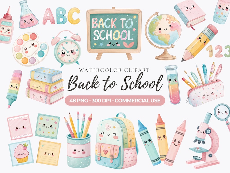 May include: A watercolour clipart set with a 'Back to School' theme. Features a chalkboard, globe, books, pencils, crayons, and a backpack. The image has a cute, colourful, and whimsical style.