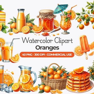 Op de afbeelding: Waterverf clipart van sinaasappelen in verschillende vormen, waaronder fruit, sap, cake, jam, ijslolly, pannenkoeken en een mand sinaasappelen. De tekst "Watercolor Clipart Oranges 40 PNG - 300 DPI - COMMERCIAL USE" wordt onder de afbeelding weergegeven.