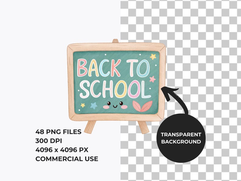 May include: A watercolour illustration of a chalkboard with the words "BACK TO SCHOOL" in colourful letters. The chalkboard has a teal background and a wooden frame. The image includes stars, leaves, and a smiling face.