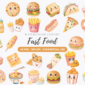 Kawaii Fast Food Clipart, Cute Fast Food PNG, Printable Cute Food, Cartoon Food Graphics, Burger, Pizza, Hotdog, Taco, Commercial Use