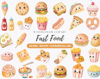 May include: A set of 40 watercolor clipart images of various fast food items, each with a cute cartoon face. The images include a hamburger, hot dog, pizza, fries, ice cream cone, cupcake, pretzel, donut, waffle, and more. The images are perfect for use in digital scrapbooking, card making, and other craft projects.