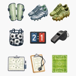 May include: A collection of soccer equipment including light green shin guards, grey and camouflage cleats, a mesh bag of soccer balls, a scoreboard showing 2:1, a black whistle, two tactical coaching clipboards with diagrams, and a green soccer field.