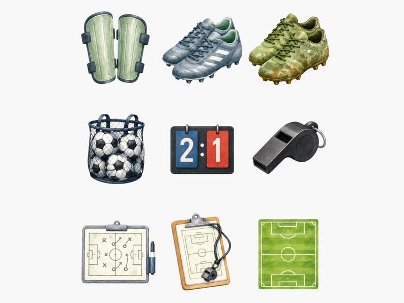 May include: A collection of soccer equipment including light green shin guards, grey and camouflage cleats, a mesh bag of soccer balls, a scoreboard showing 2:1, a black whistle, two tactical coaching clipboards with diagrams, and a green soccer field.