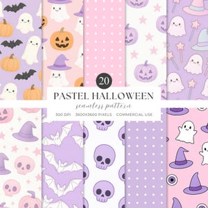Op de afbeelding: Een verzameling van 20 pastel Halloween naadloze patronen. De patronen bevatten pompoenen, geesten, vleermuizen, heksenhoeden, schedels en stippen in roze, paarse en oranje tinten. De tekst luidt "PASTEL HALLOWEEN seamless pattern".