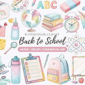 以下が含まれることがあります： 水彩画のクリップアートセット。ランドセル、本、地球儀、目覚まし時計などの学用品が特徴です。クリップボード、ペン、顕微鏡も含まれています。「Back to School」の文字が表示されています。パステルカラーが使用されています。