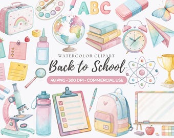 Pastel School Clipart, Back to School PNG, School Supplies, Teacher Clipart, Classroom Decor, School Stationery, Commercial Use