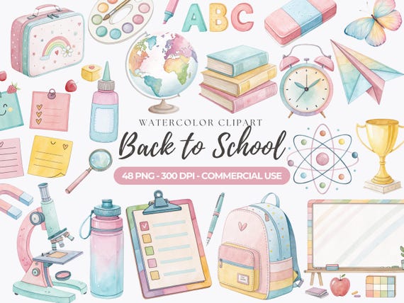 Pastel School Clipart, Back to School PNG, School Supplies, Teacher Clipart, Classroom Decor, School Stationery, Commercial Use