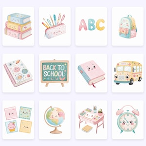 May include: A collection of watercolour illustrations featuring school-related items. The image includes books, a pencil case, the letters ABC, a backpack, a chalkboard with "BACK TO SCHOOL" text, a school bus, a globe, a desk, and an alarm clock.