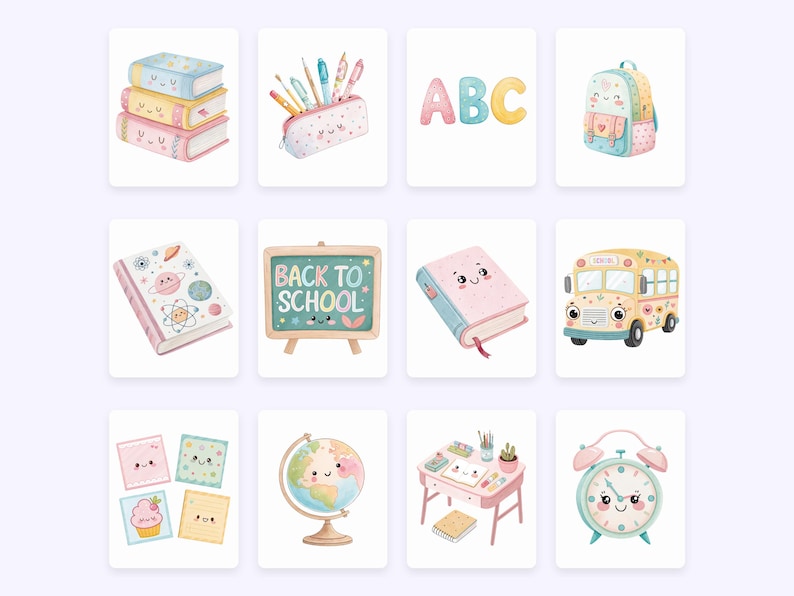 May include: A collection of watercolour illustrations featuring school-related items. The image includes books, a pencil case, the letters ABC, a backpack, a chalkboard with "BACK TO SCHOOL" text, a school bus, a globe, a desk, and an alarm clock.