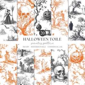 May include: A collection of Halloween-themed seamless patterns. The designs feature orange and black illustrations of skulls, pumpkins, witches, skeletons, and haunted houses. The text "HALLOWEEN TOILE seamless pattern" is displayed.
