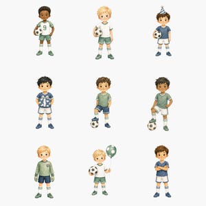 May include: A collection of nine watercolor-style illustrations featuring children in various soccer-themed outfits. The characters are depicted in different poses, some holding soccer balls, one with a party hat, and one holding a green polka-dot balloon.