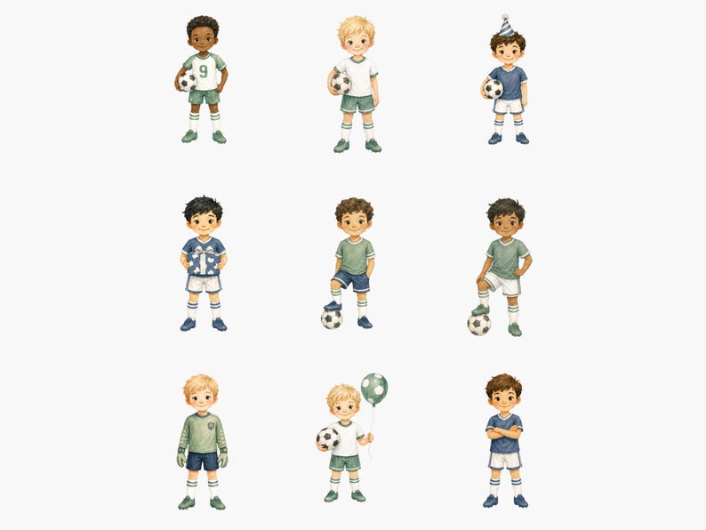 May include: A collection of nine watercolor-style illustrations featuring children in various soccer-themed outfits. The characters are depicted in different poses, some holding soccer balls, one with a party hat, and one holding a green polka-dot balloon.