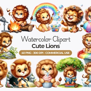 Clipart de leão bebê fofo em aquarela, leão fofo PNG, leão bebê, gráficos de animais de safári, decoração de berçário, chá de bebê, uso comercial