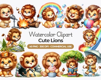 Watercolor Baby Lion Clipart, Safari Nursery PNG Graphics (Commercial Use)