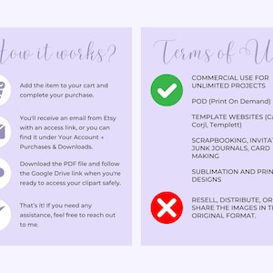 Puede incluir: Gr&aacute;fico lila con los textos "&iquest;C&oacute;mo funciona?" y "T&eacute;rminos de uso". La imagen detalla los pasos para comprar y usar im&aacute;genes predise&ntilde;adas digitales, incluidos los t&eacute;rminos de uso comercial y las restricciones.