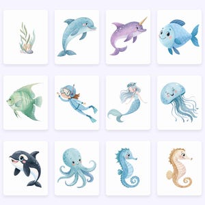 May include: A set of 10 watercolor illustrations featuring various sea creatures, including a dolphin, a mermaid, a jellyfish, an octopus, a seahorse, and a fish. The illustrations are all in shades of blue, green, and purple.