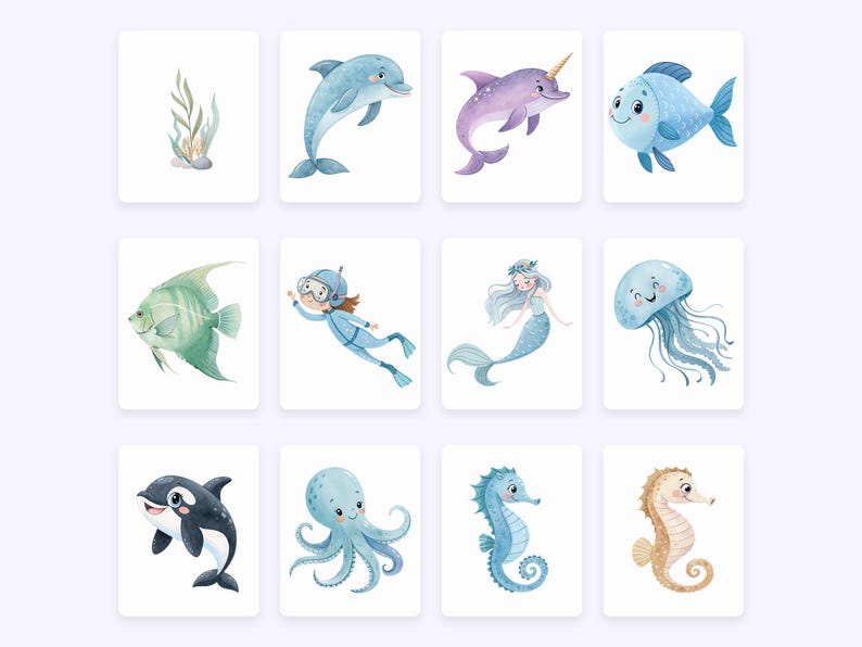 May include: A set of 10 watercolor illustrations featuring various sea creatures, including a dolphin, a mermaid, a jellyfish, an octopus, a seahorse, and a fish. The illustrations are all in shades of blue, green, and purple.