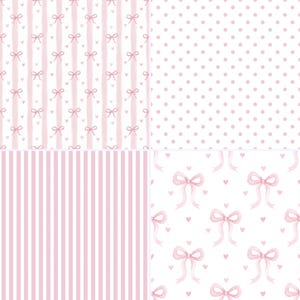 May include: Four different patterns in pink and white. One pattern has pink bows and hearts on a white background. Another has pink polka dots on white. The other two have pink stripes and bows.