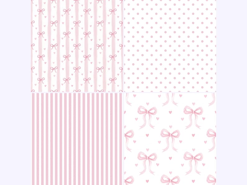 May include: Four different patterns in pink and white. One pattern has pink bows and hearts on a white background. Another has pink polka dots on white. The other two have pink stripes and bows.