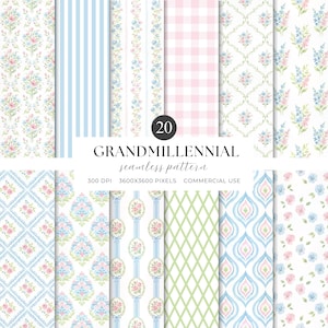 Puede incluir: Una colección de 20 patrones sin costuras en colores pastel. Los diseños incluyen patrones florales, a rayas y geométricos. Se muestra el texto "GRANDMILLENNIAL seamless pattern", junto con información sobre la resolución y el uso comercial.