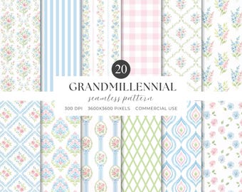 Watercolor Grandmillennial Seamless Patterns, Pastel Floral Digital Paper, Preppy Background, Repeating Pattern, Digital Download
