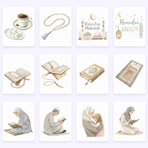 Pode incluir: Uma cole&ccedil;&atilde;o de ilustra&ccedil;&otilde;es de aquarela que retratam v&aacute;rios aspectos do Ramad&atilde;. As ilustra&ccedil;&otilde;es incluem uma x&iacute;cara de caf&eacute;, um prato de del&iacute;cias turcas, contas de ora&ccedil;&atilde;o, uma mesquita, um Cor&atilde;o aberto, um tapete de ora&ccedil;&atilde;o e pessoas rezando.