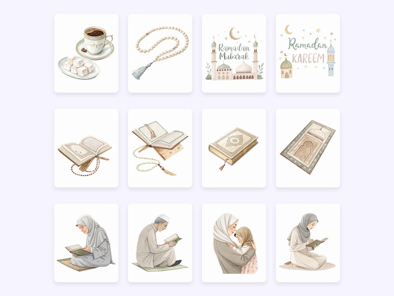 Pode incluir: Uma cole&ccedil;&atilde;o de ilustra&ccedil;&otilde;es de aquarela que retratam v&aacute;rios aspectos do Ramad&atilde;. As ilustra&ccedil;&otilde;es incluem uma x&iacute;cara de caf&eacute;, um prato de del&iacute;cias turcas, contas de ora&ccedil;&atilde;o, uma mesquita, um Cor&atilde;o aberto, um tapete de ora&ccedil;&atilde;o e pessoas rezando.