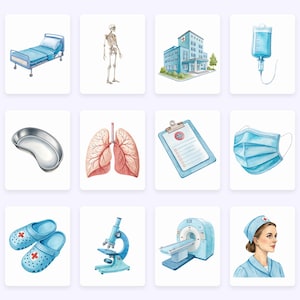 Op de afbeelding: Een aquarel-illustratieset van medische en gezondheidsgerelateerde items, waaronder een ziekenhuisbed, een skelet, een ziekenhuisgebouw, een IV-zak, een nierbekken, longen, een klembord, een gezichtsmasker, klompen, een microscoop en een CT-scanner.